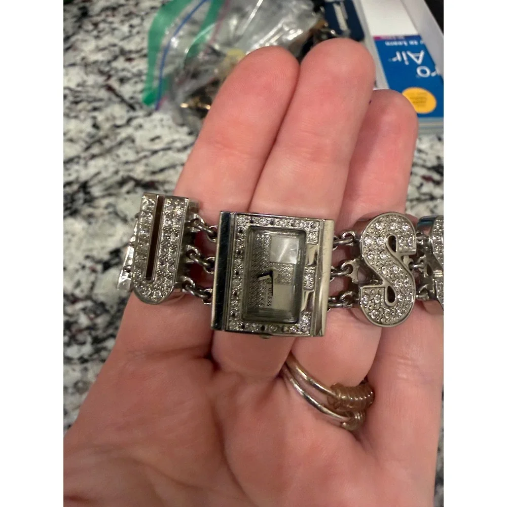 Guess Silver Tone Crystal Logo Bracelet Watch Rectangular Face Y2K Style